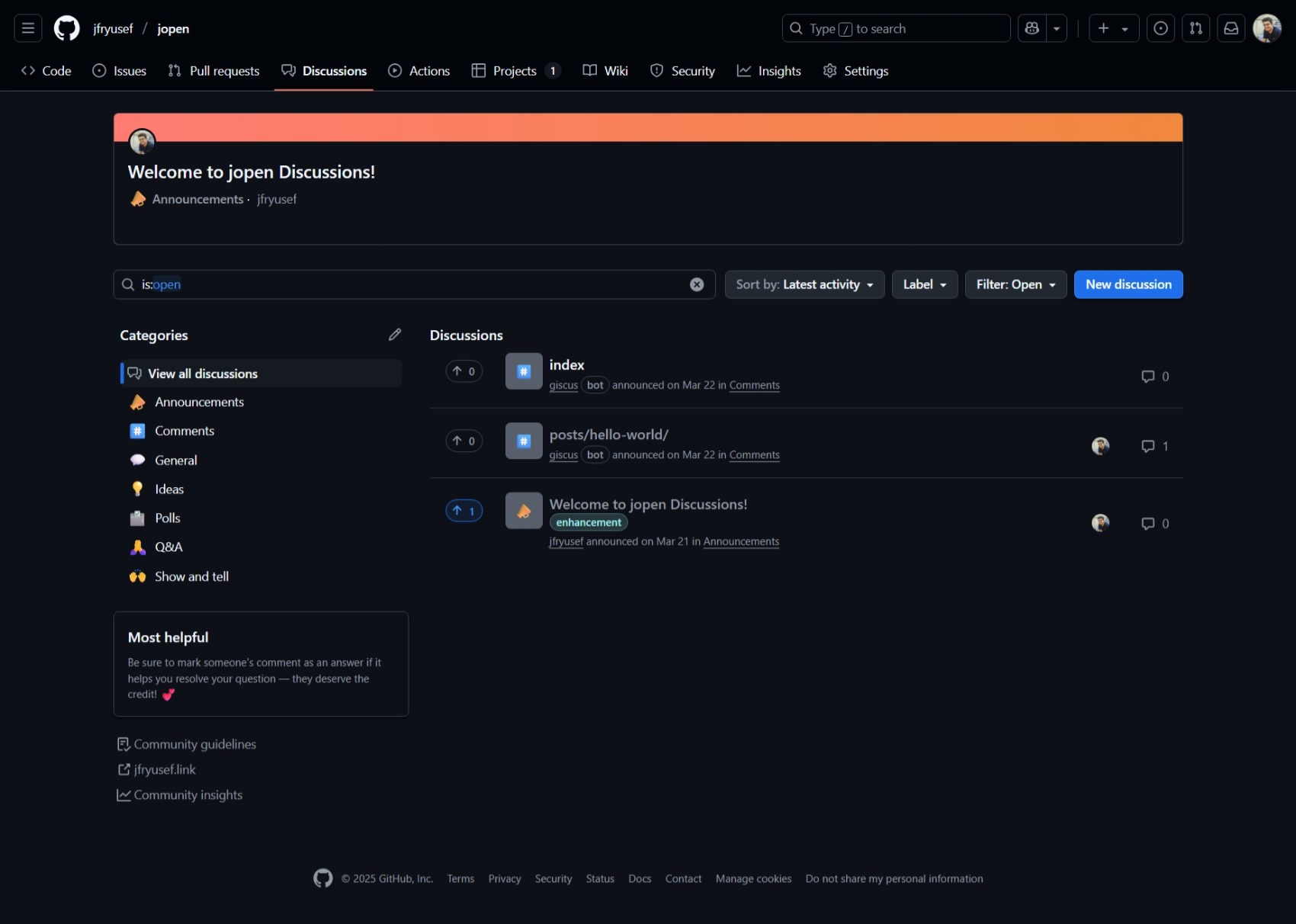 GitHub repository&rsquo;s Discussions screenshot